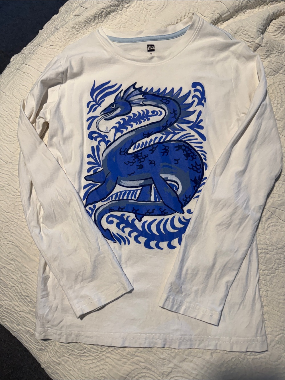 Tea Collection White Long-Sleeve Shirt with Blue Dragon Motif